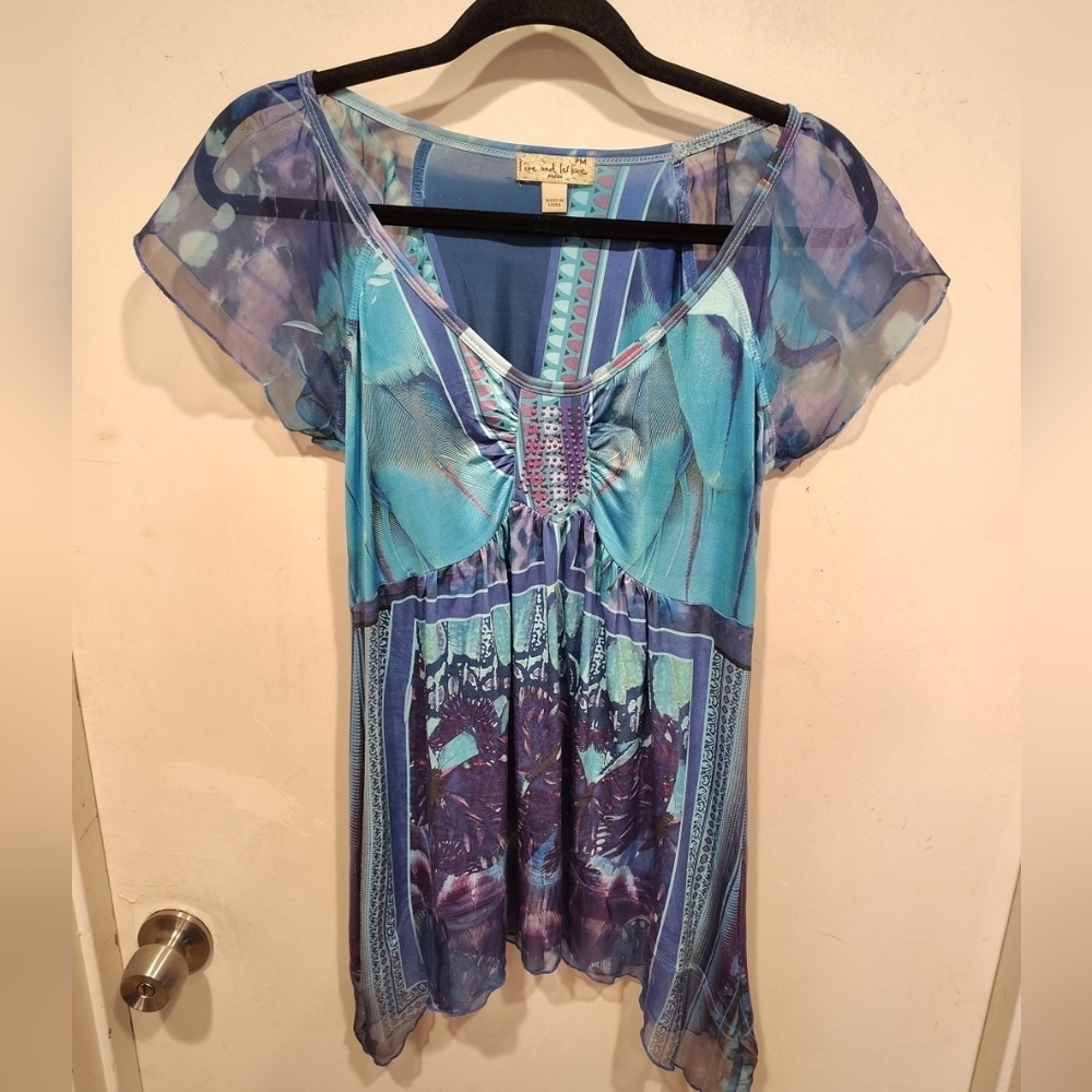 Live & Let Live Women's Embellished Colorful Babydoll Top Sz MP Y2K Party Casual